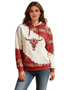 [Bohemian Hoodie] Women's Plus Size Fashion Western Drop Shoulder Drawstring Hoodie, Fashion Highland Bull Head Print Casual Long Sleeve Hoodies Sweatshirts for Daily Holiday Outdoor Wear, Ladies Vacation Outfits