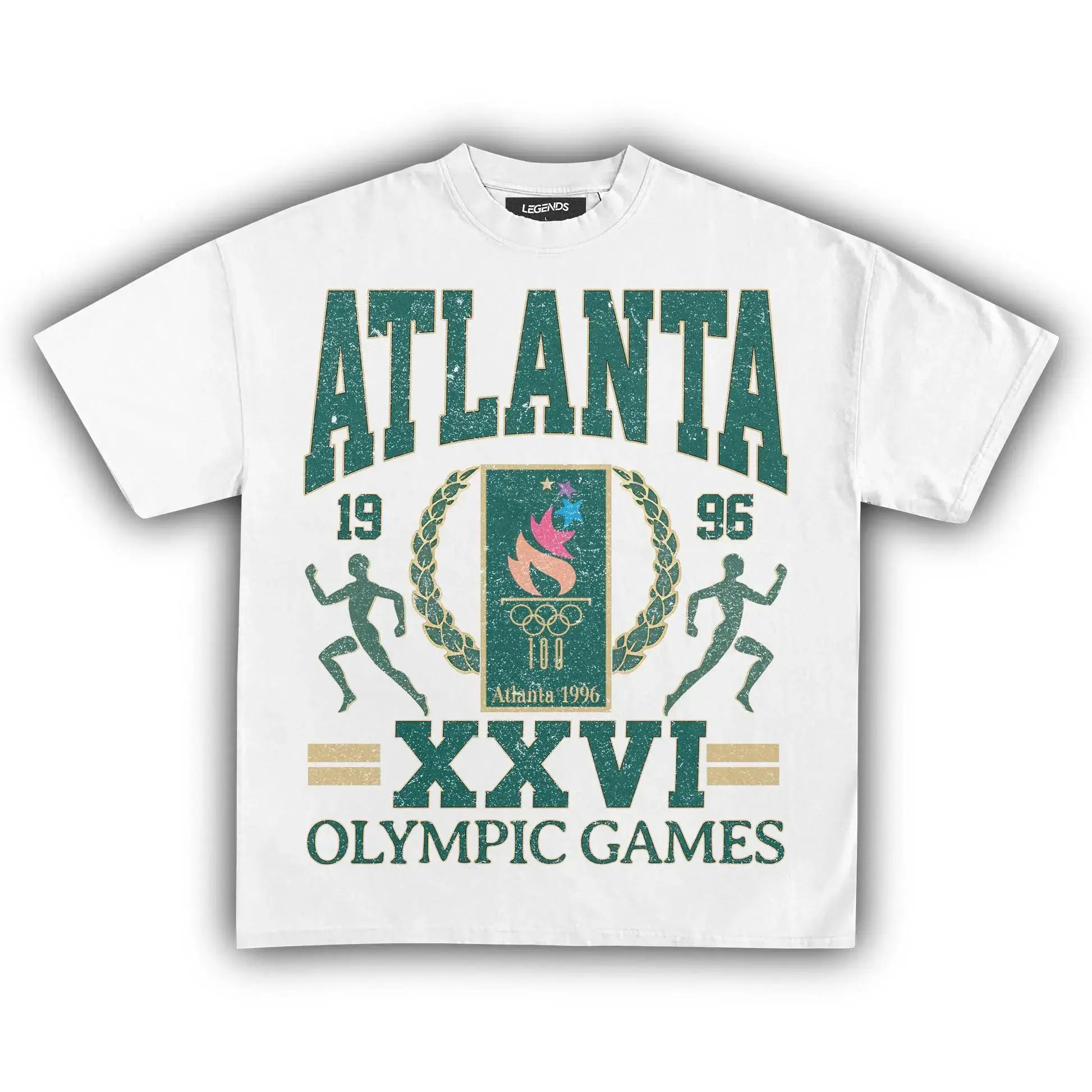 Men's Pure Cotton Loose Short-Sleeve Round Neck Casual T-Shirt - Vintage 1996 Atlanta Summer Olympic Centennial Graphic Print, Bright Intact, Unisex Fit Menswear Top, 2XL, Vintage Print, Bright And Intact, Cotton Graphic Tees, Old School Vibes