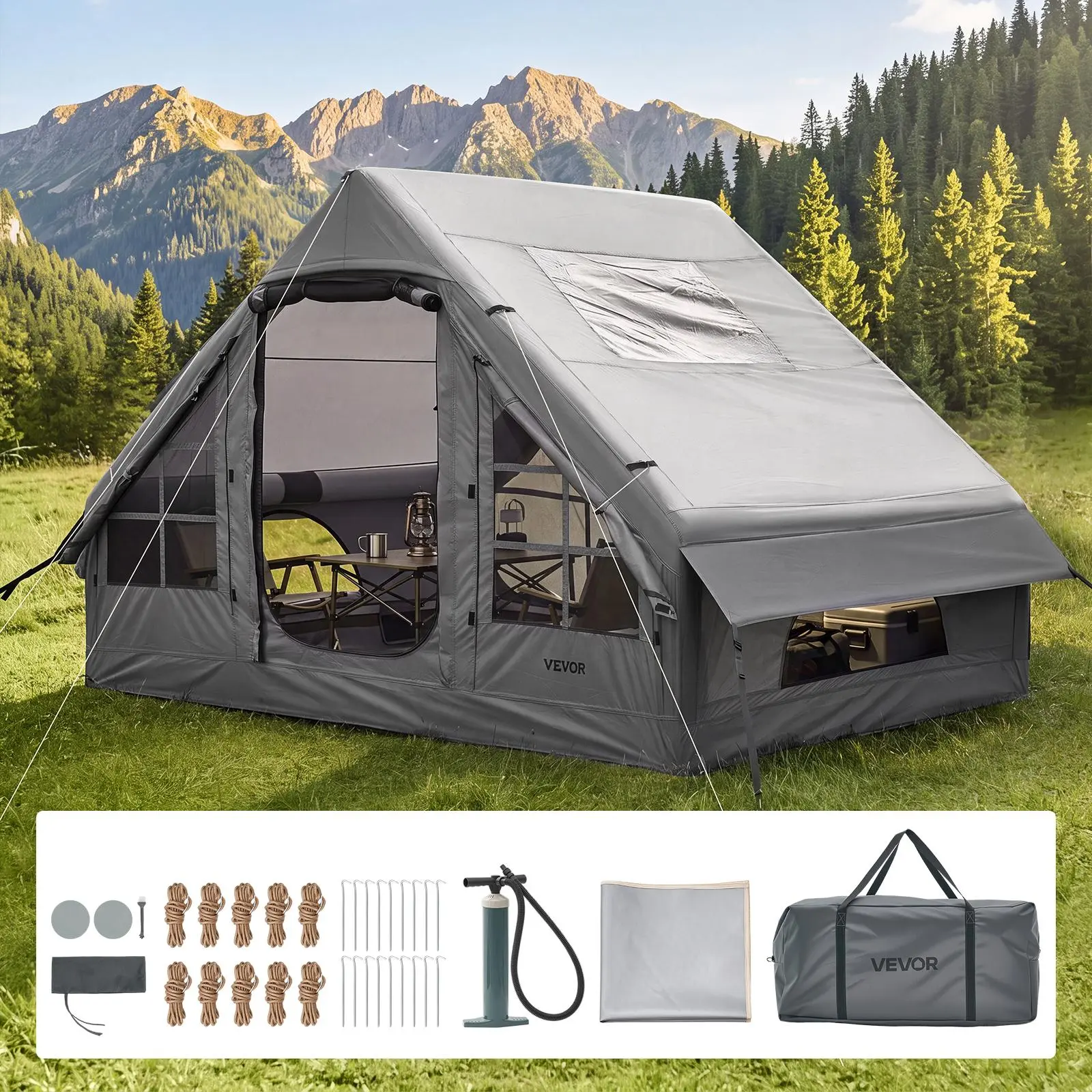 【BackToSchool】VEVOR Inflatable Tent for Camping 2-4 Person Blow Up Tent with Pump Gray, for Family Outdoor Glamping, Waterproof 420D Oxford, Easy Setup Air House with Skylight, Stove Jack, Mesh Windows & Carry Bag