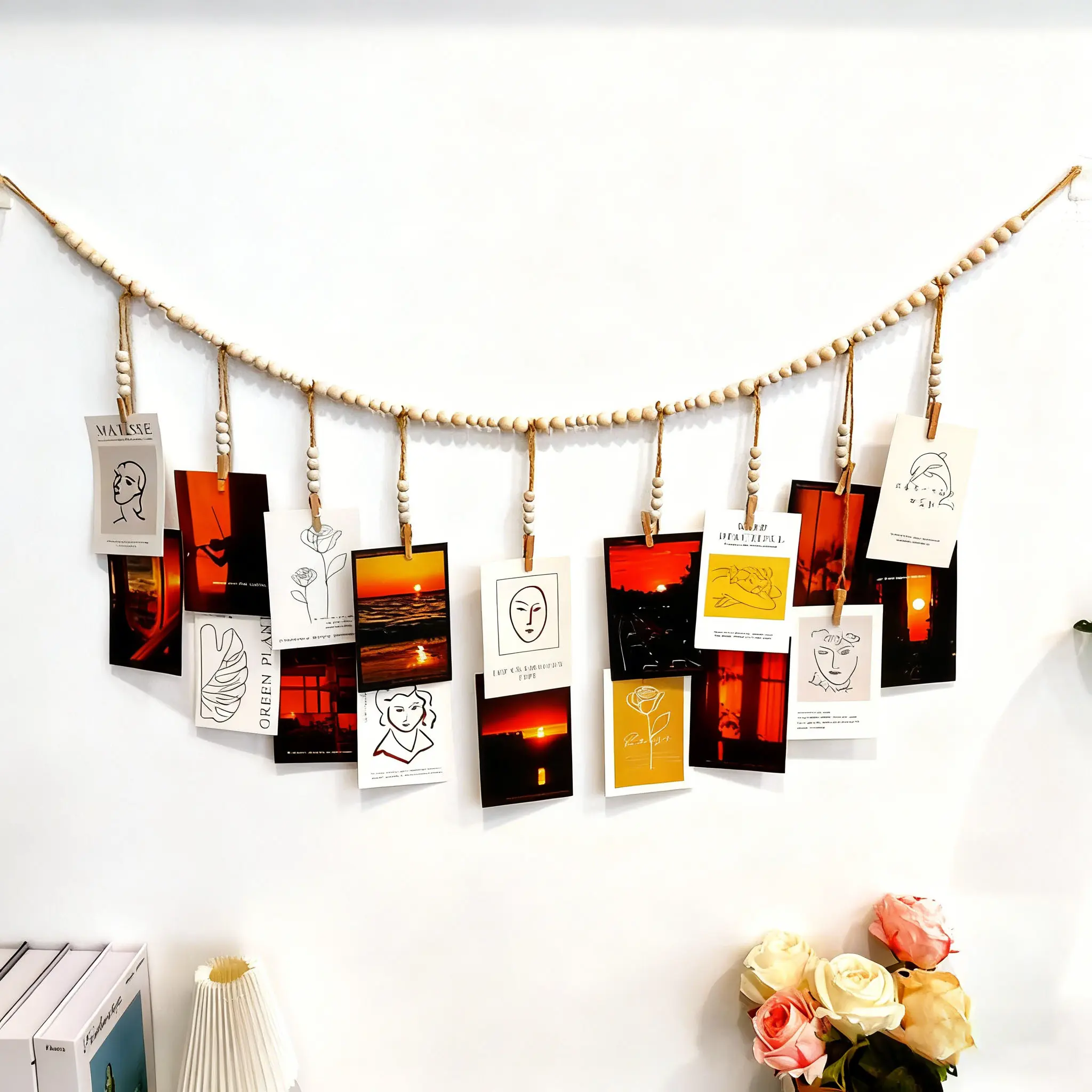 Boho Macrame Hanging Photo Display, Rustic Picture Organizer with Clips for Aesthetic Bedroom and Dorm Wall Decor, Versatile Use, Banner, Ornament