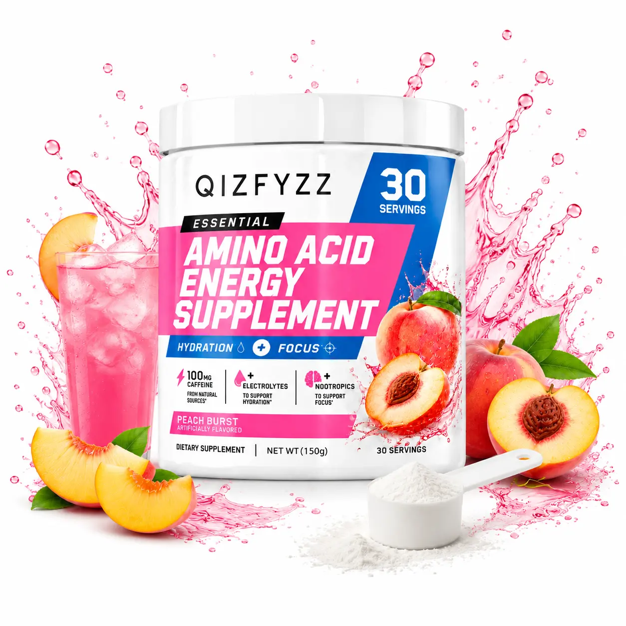 Amino Acid Energy Supplement Powder with BCAAs, Caffeine, Electrolytes, Vitamins - Supports Fitness Energy, Focus, Hydration - Strawberry & Peach Flavor (30 Servings), Energy Supplements