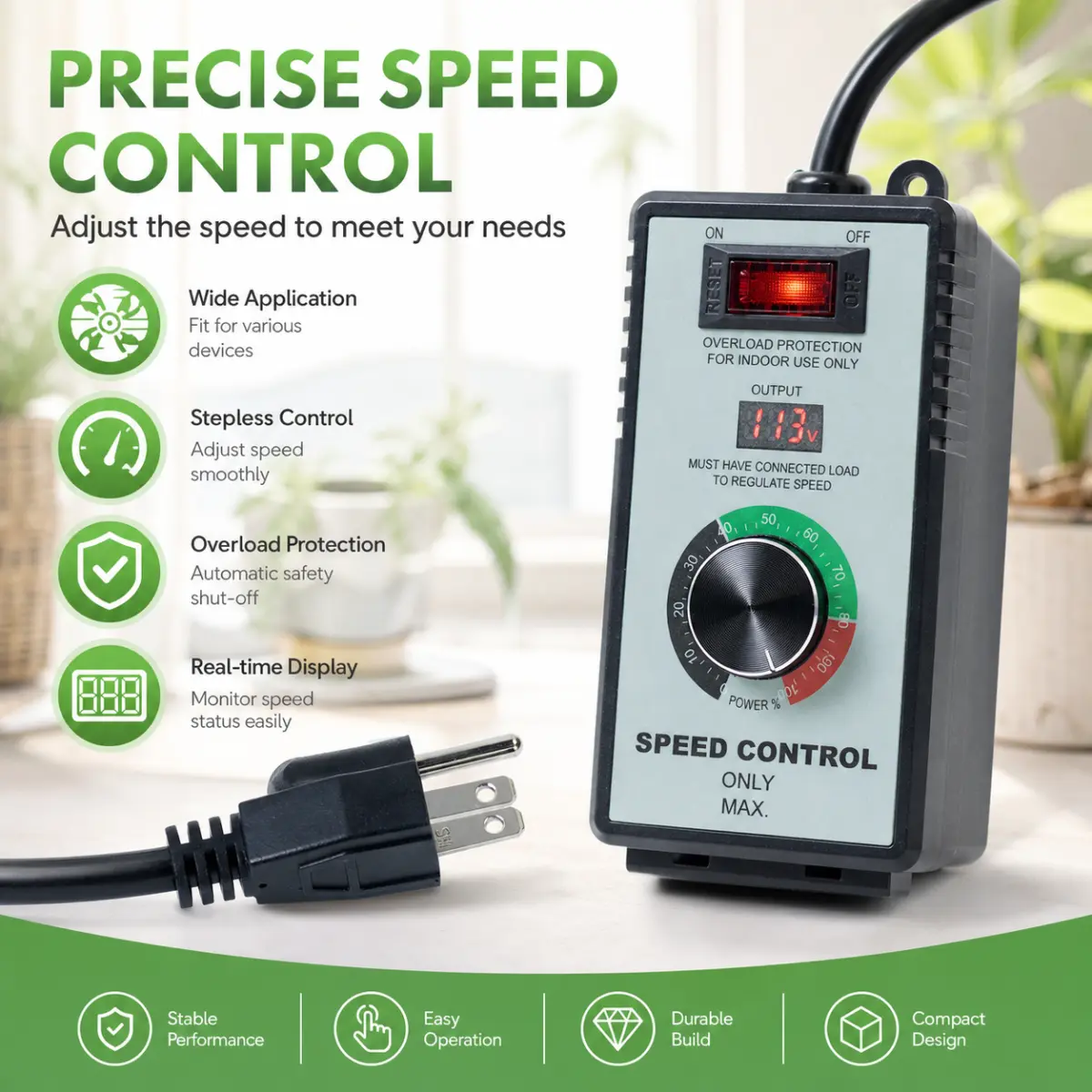 110V variable fan speed controller with digital voltage display and overload reset protection, suitable for motor speed control of exhaust fans, blowers, routers, and duct fans.