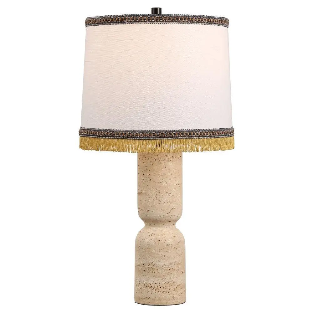 Lacy 25.25" Organic Modern Sculptural Hourglass Travertine Stone with Fringed Drum Shade LED Table Lamp