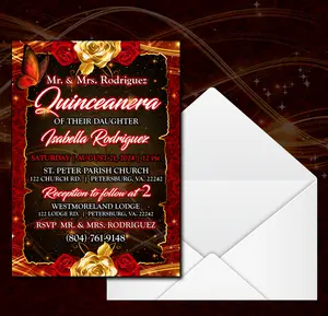 Red and Gold Elegant Butterfly Quinceanera invitations, quince invitations, quiceañera invitations 5 in. x 7 in. Invitations with envelopes