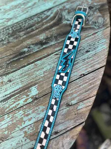 Tooled Dog Collar-Turq Lighting Bolt