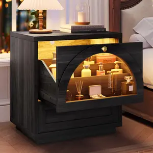 Sikaic Arched Glass Nightstand with 2 Drawers, LED Lights & Charging Station, Modern Vintage Bedside Table with Stepped Compartment Storage Drawers for Bedroom,  Living Room, Home Office, Matte Black