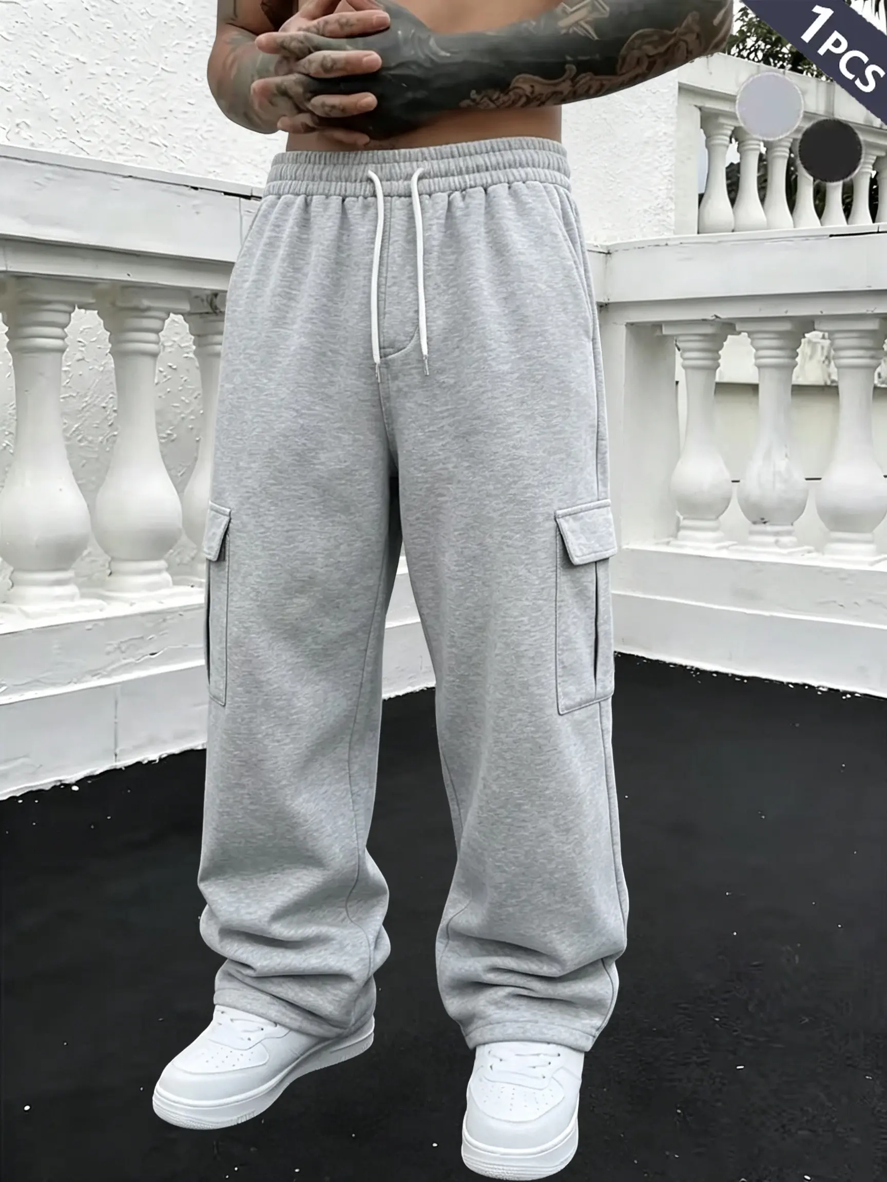 Men’s high-street cargo sweatpants with elastic drawstring waist, multiple pockets, straight wide legs, floor-length design, vintage drape—casual athletic streetwear joggers, versatile sweatpants