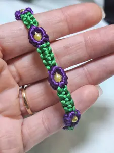 Purple & Green Macramé Flower Bracelet - Yellow Bead Centers