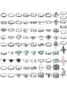 82 Pcs Vintage Silver Color Knuckle Rings Set for Women Teen Girls, Bohemian Stackable Joint Finger Rings, Retro Stone Crystal Stacking Midi Sparkling Rings Pack