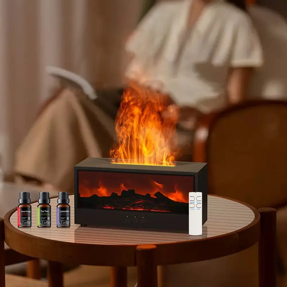 Desktop Fireplace with Atmosphere Light Portable Simulation Heater for Bedroom Home Office Decorations Creative Ornaments Eco-friendly PP Material Colorful LED Flame Aroma Diffuser 300ml Capacity USBC Power Mode