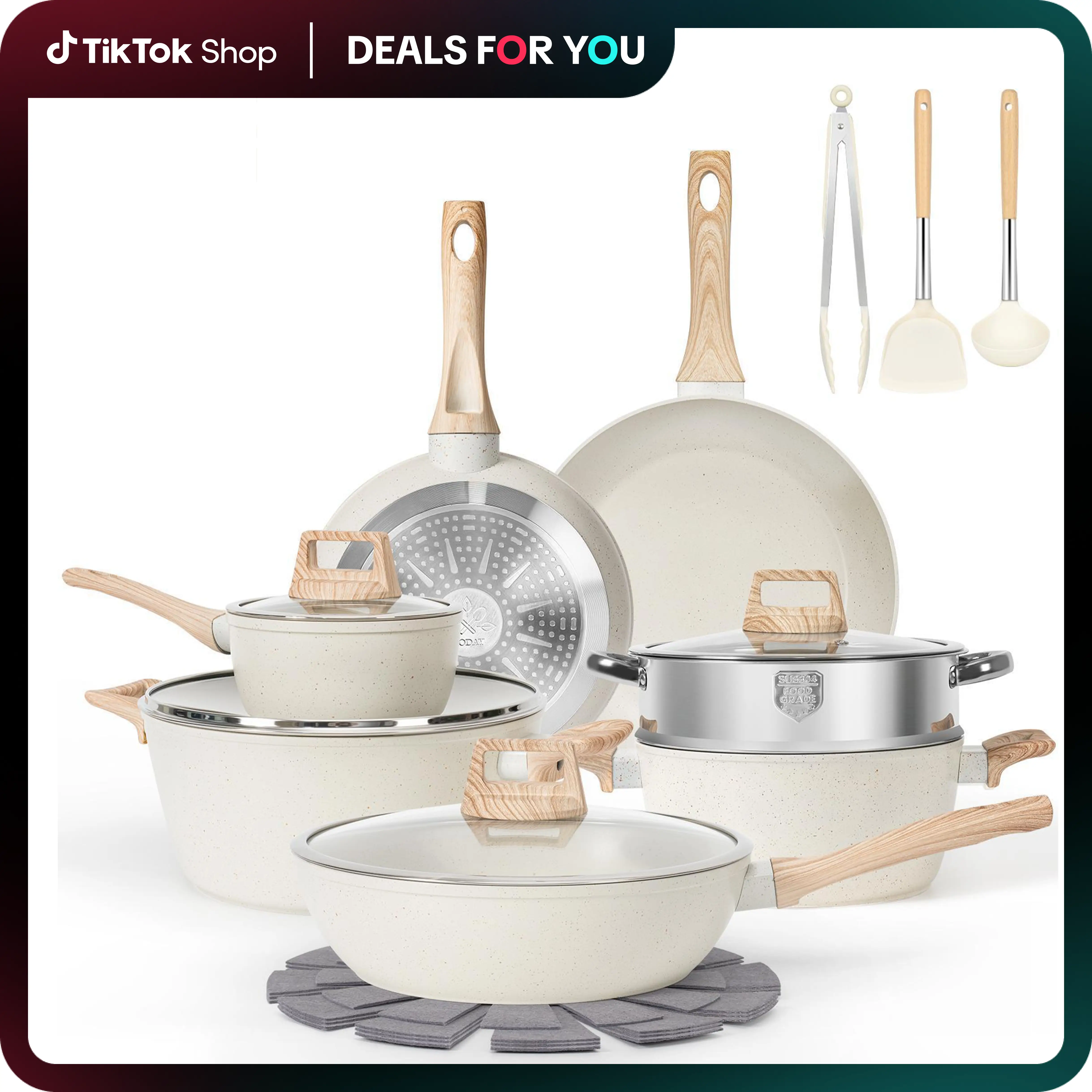 【Dealsforyoudays】SODAY 17 Pcs Pots and Pans Set Non Stick, Granite Nonstick Cooking Set with Frying Pans, Saucepans, Steamer Silicone Shovel Spoon &