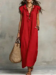 2026 Summer New Bohemian Long Dress, V Neck Ruffle Holiday Long Dress, Stylish and Comfortable, Perfect for Warm Weather