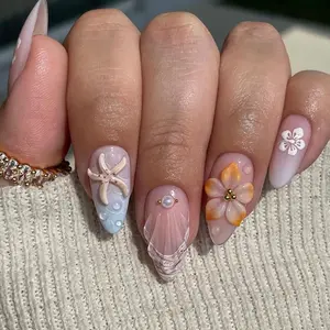 Summer Spring Gift 24Pcs Summer Press on Nails Medium Almond Fake Nails with 3D Starfish Flower Designs Beach French Tip Acrylic Nails Hibiscus Flowers False Nail Summer Ocean Full Cover Glue on Nails for Women