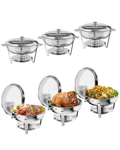 Garvee Set of 6 Round Buffet Plates with Stainless Steel Chafers, Food Warmers, Lid Support, Serving Spoon and Tongs - Ideal for Parties and Weddings, Silver Finish
