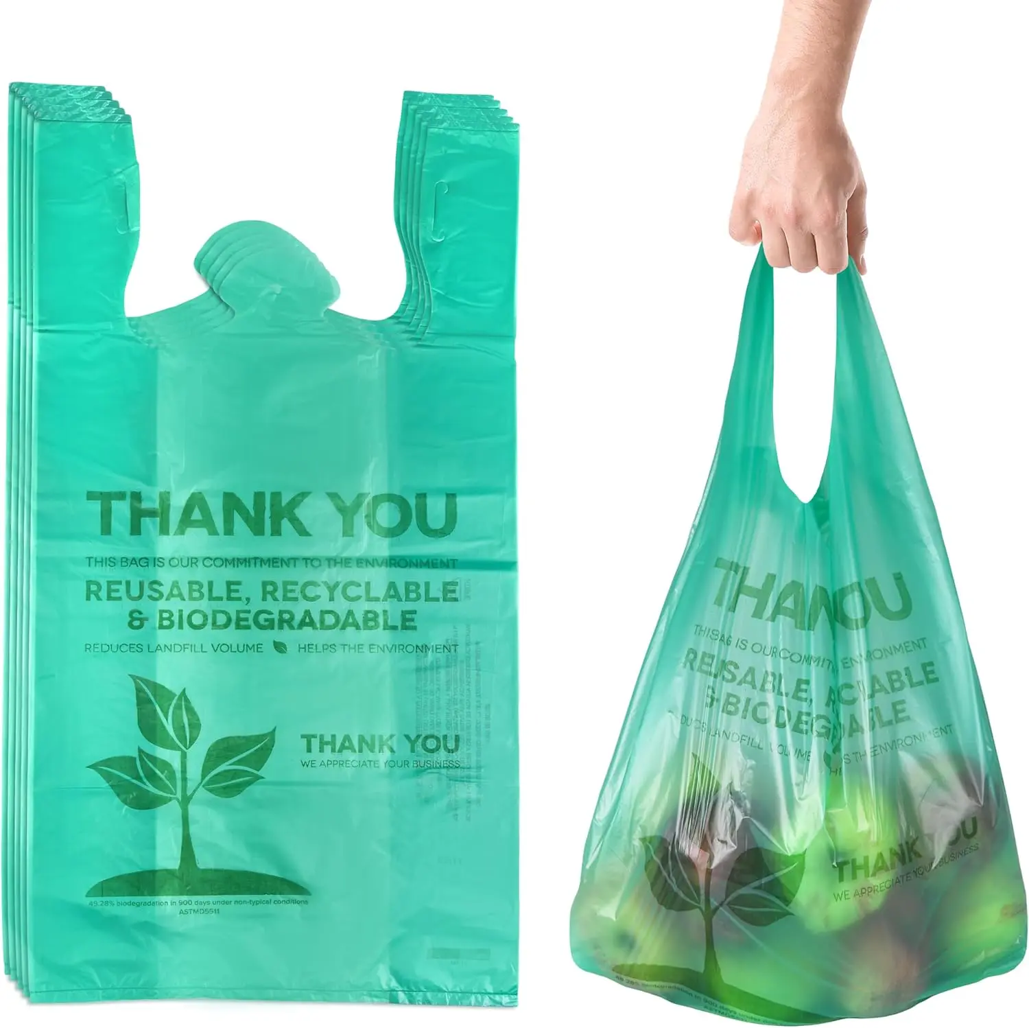 Eco Green Plastic Bags - 100 Count Biodegradable Shopping Bags-Thank You - 22" x 12" Carry Out Bag. (100)
