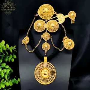 Ethiopian Bridal Jewelry Set 6pc – Sunburst Habesha Black Rope Chain Mateb ማተብ Necklace, Eritrean Wedding Gold Set (24KGP) ጌጣጌጥ | 6 Piece African Jewelry Set