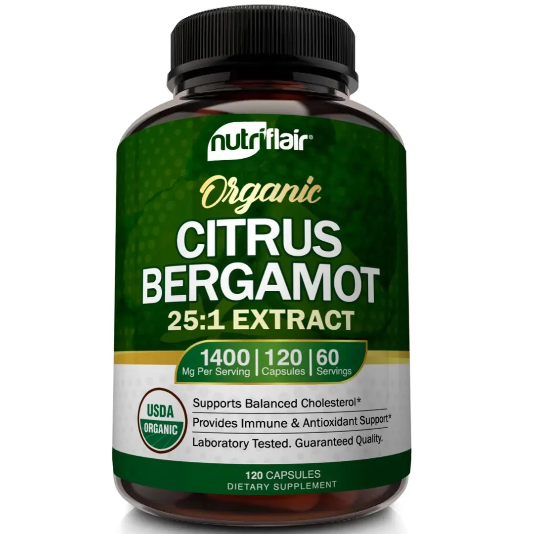 NutriFlair Natural Non-GMO Citrus Bergamot Extract Dietary Supplement - Cardiovascular, Cholesterol & Heart Health Support, Dairy-Free, Vegan-Friendly, 120 Capsules