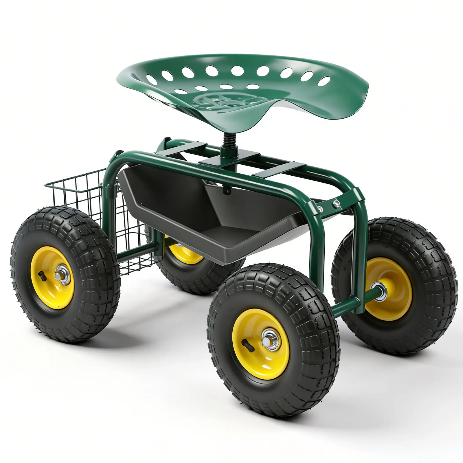 Garden Cart Rolling Workseat with Wheels, Gardening Stool for Planting, 360 Degree Swivel Seat, Wagon Scooter with Utility Tool Tray, Use for Patio, Yard, and Outdoors, Green