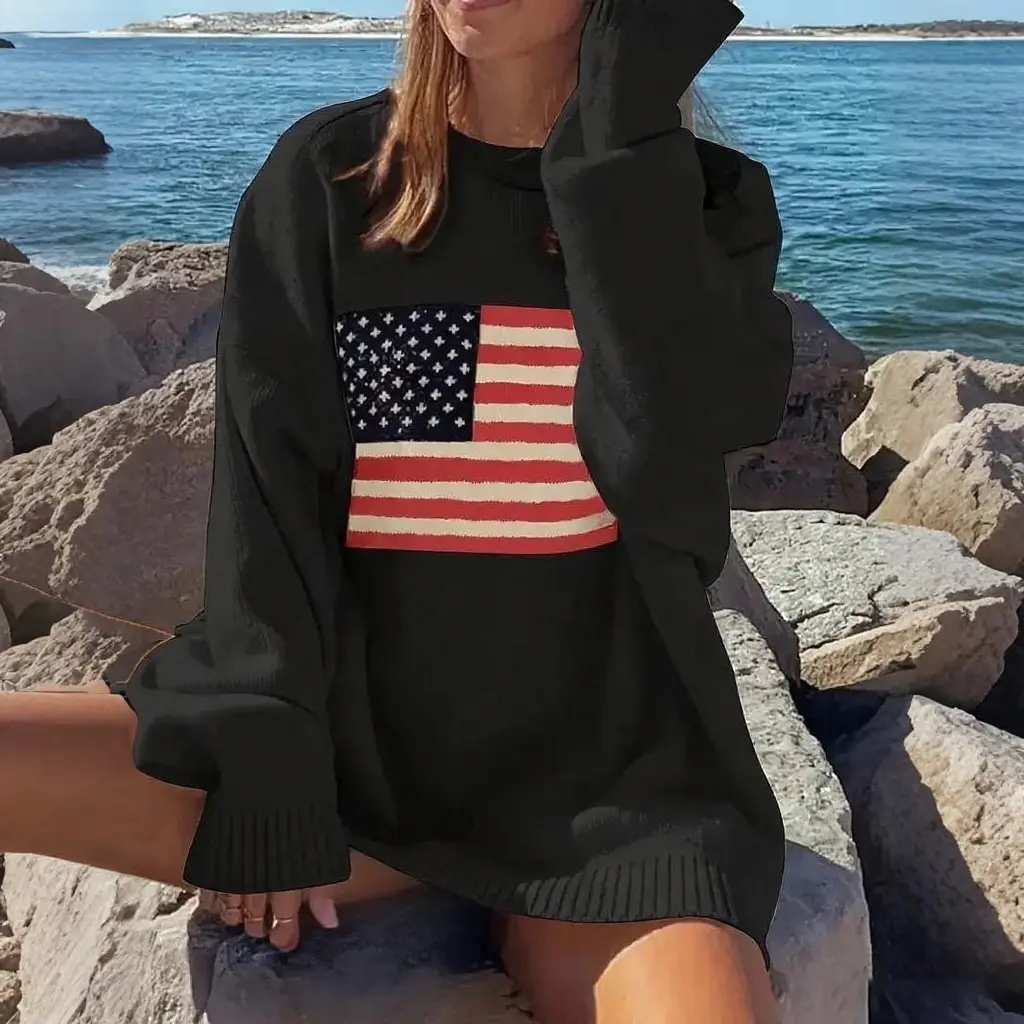 Women's Fashion Dress up: American Flag Color Contrast Design, Casual and Elegant Fashion Top, Autumn and Winter New Collection, Long Sleeve Round Neck Women's Hoodie Sweater Fit Womenswear Fabric Soft Graphic Knitwear