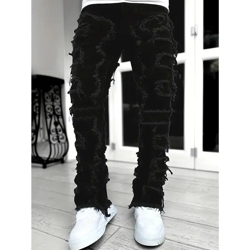 Y2K Hip Hop Raw Hem Jeans Men's Casual Street Style Stretch Denim Pants Retro Vintage Urban Fashion Trousers Light Blue Distressed Embroidered Menswear Polyester Spandex
