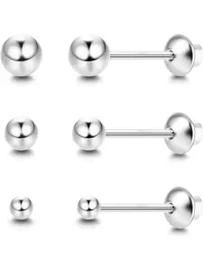 Sterling Silver Color Ball Stud Earrings Set, 3 Pairs Screw-On Design for Tragus & Cartilage, Plated, Sizes 2-4mm