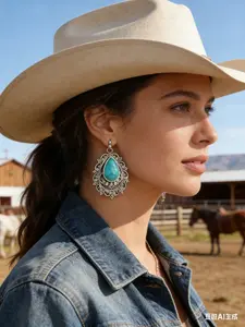 Boho Turquoise Teardrop Earrings for Women - Vintage Ethnic Silver Filigree Dangle Jewelry, Perfect for  Girl Style & Festival Fashion