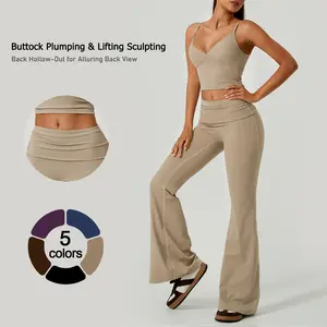 TimeOFF Women's V-Neck Crop Top & High Waist Flare Pants Active Set - Back Hollow-Out Design, Butt Lifting Sculpting Silhouette, Stretchy Skin-Friendly Material, Prevents Restriction & Waist Rolling, Perfect for Fitness, Lounging & Everyday Wear