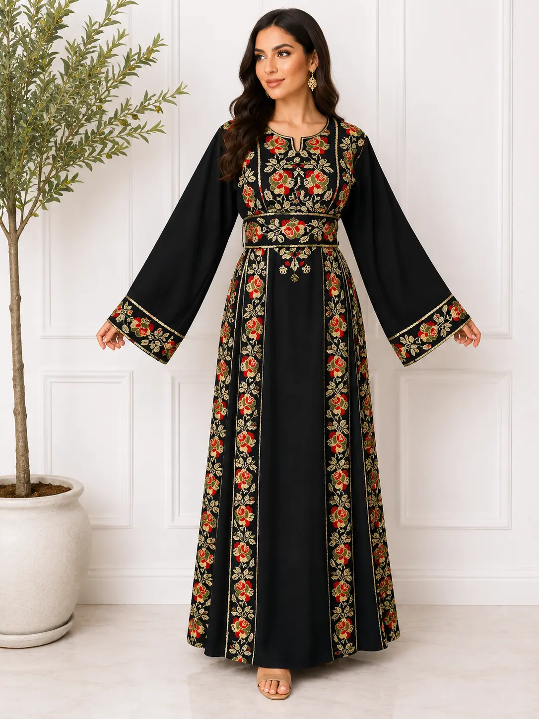Thobe Women's Elegant Modest Dress with Colorful Floral Embroidery and Belt, Long Sleeve Islamic Clothing for Arab Women