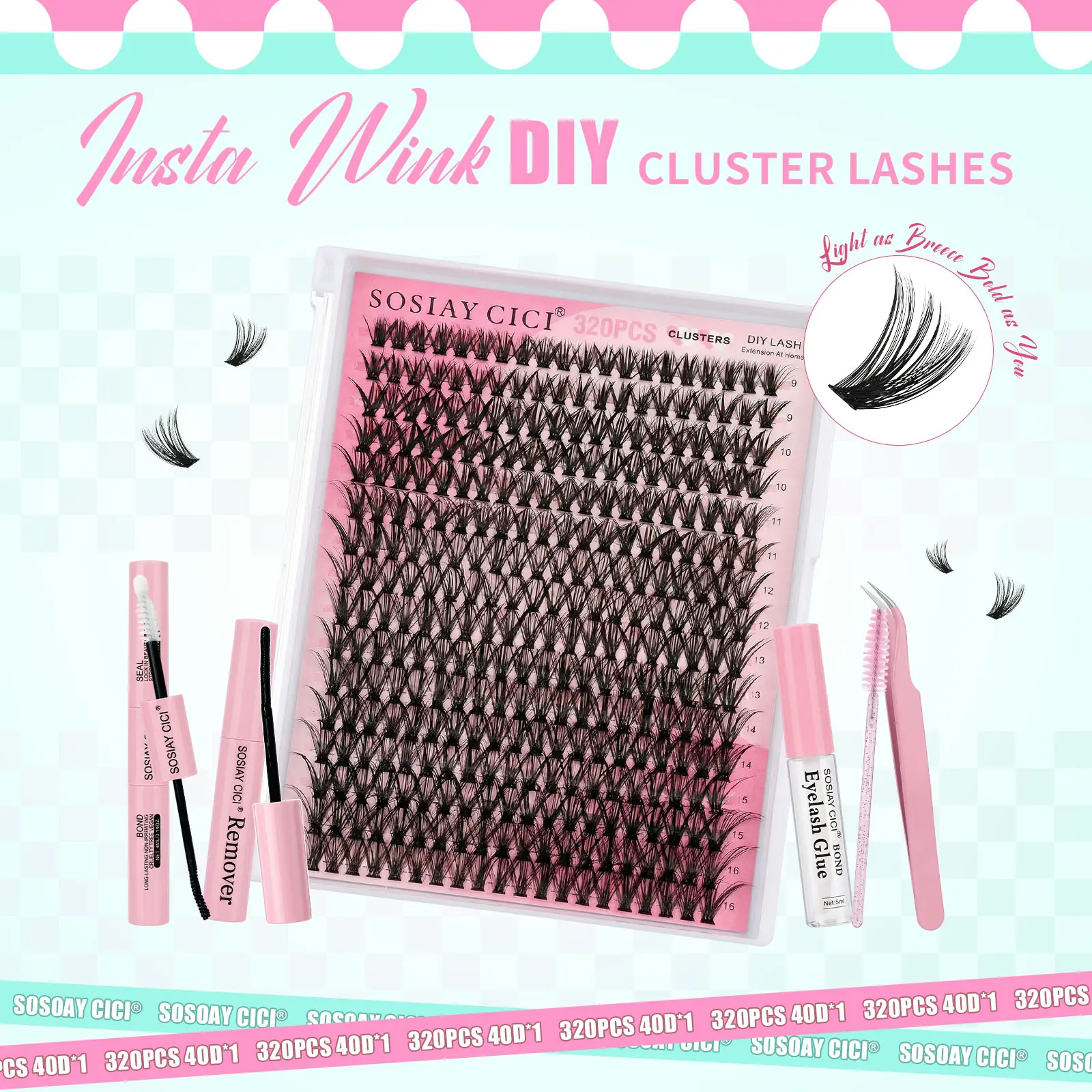 Cluster Lashes 320pcs 40D DIY Eyelash Extension D Curl Long Individual Lashes Mixed Tray Faux Mink Lash Clusters Extensions Black (9-16mm)