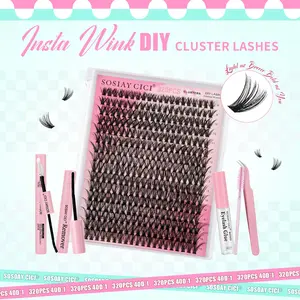 Cluster Lashes 320pcs 40D DIY Eyelash Extension D Curl Long Individual Lashes Mixed Tray Faux Mink Lash Clusters Extensions Black (9-16mm)
