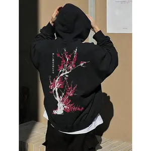 TikTok Trending Cream Japanese Cherry Blossom Fleece Hoodie, Streetwear Aesthetic, Comfortable Loungewear, Casual Fall & Winter Fashion