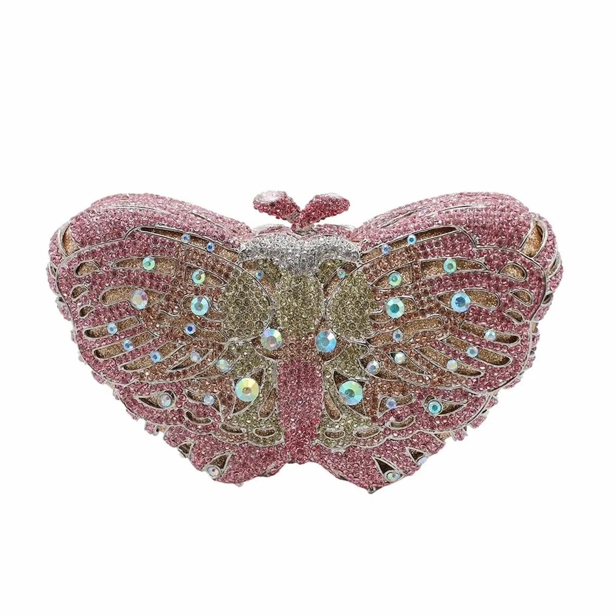 Women's Rhinestone Butterfly Clutch - PSBIY Metallic Pink-Gold Gradient Leather Evening Bag for Parties, Holiday Events