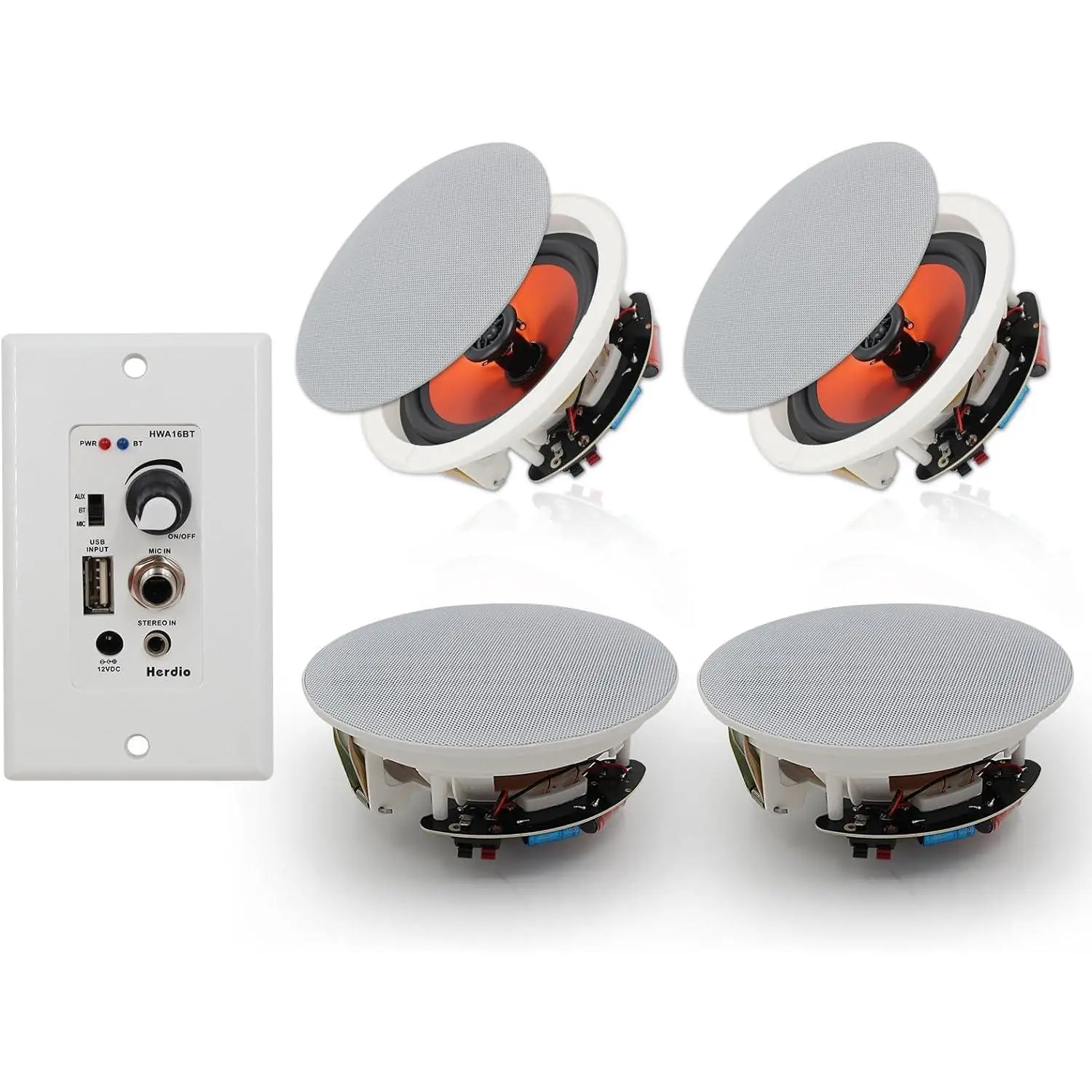 Herdio 6.5-in Compact Wireless Bluetooth Ceiling Stereo Speakers (2 Pairs) - 600W Flush Mount Audio System with Wall Amplifier Receiver, USB Charging Port, Digital Memory Device & Smartphone-Card Adapter for Home Theater, Office, Watts