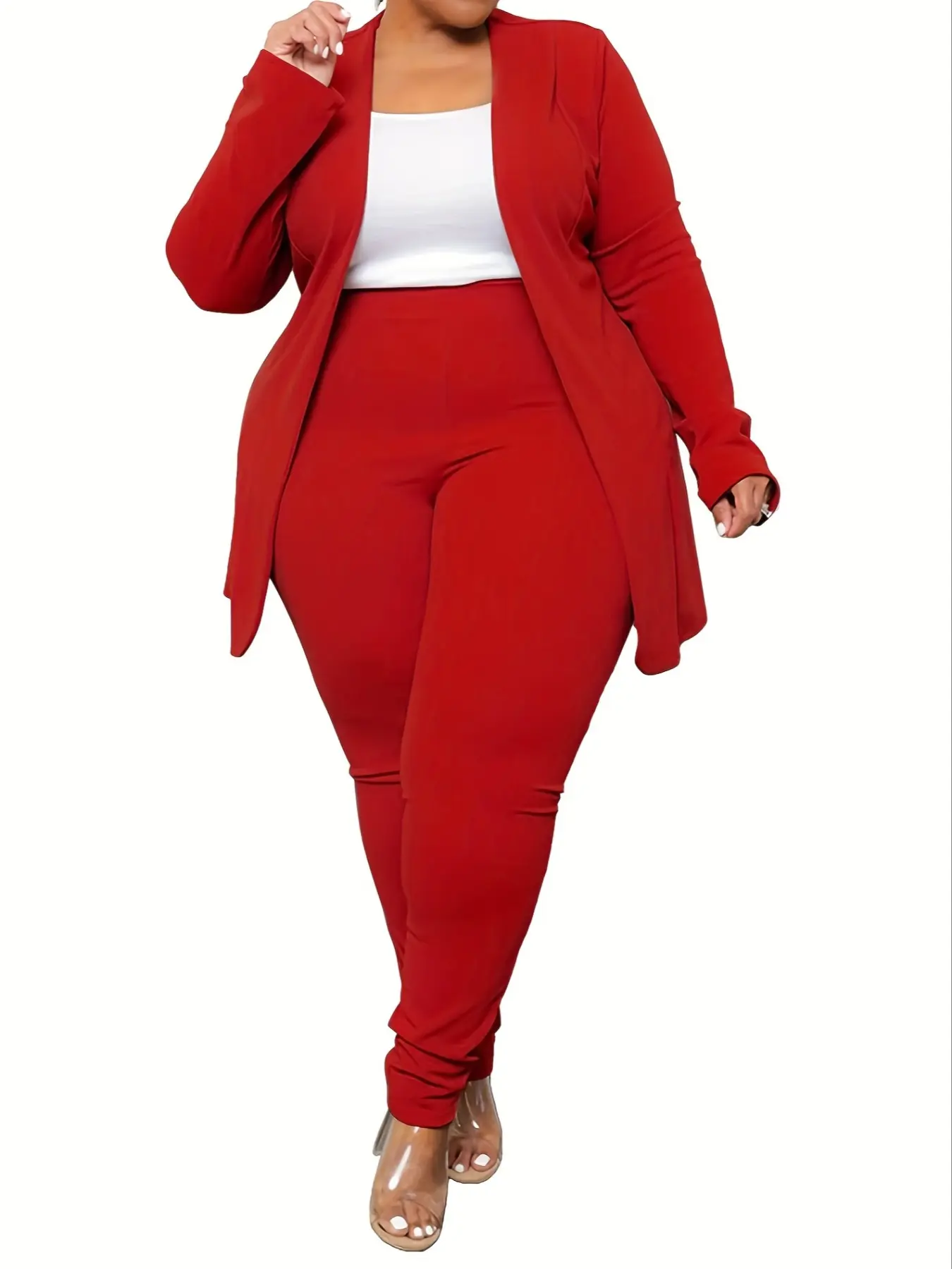 Women's Plus Size Long Sleeve Blazer Jacket Set, Casual Fashion Two-Piece Suit Outfit, Slim-Fitting Fall & Winter, Plain Pattern