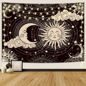 Sun and Moon Tapestry, Aesthetic Black Dark  Tapestries Mystic  Sun with Clouds Star Wall Hanging decor for Bedroom (51.2" x 59.1")