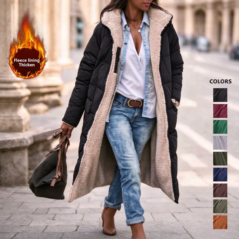 Women’s winter reversible hooded jacket with shoulder sleeves, outdoor street-style casual long coat for autumn/winter, windproof and warm, fashionable solid color slim-fit long-sleeve fleece jacket