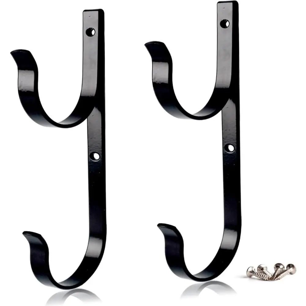 2 Pcs Set Pool Pole Hangers Heavy Duty Black Aluminium Holder with Screws Perfect Hooks for Swimming Pool Telescopic Poles, Skimmers, Nets, Brushes, Vacuum Hose, Garden Equipment, Outdoor Supplies