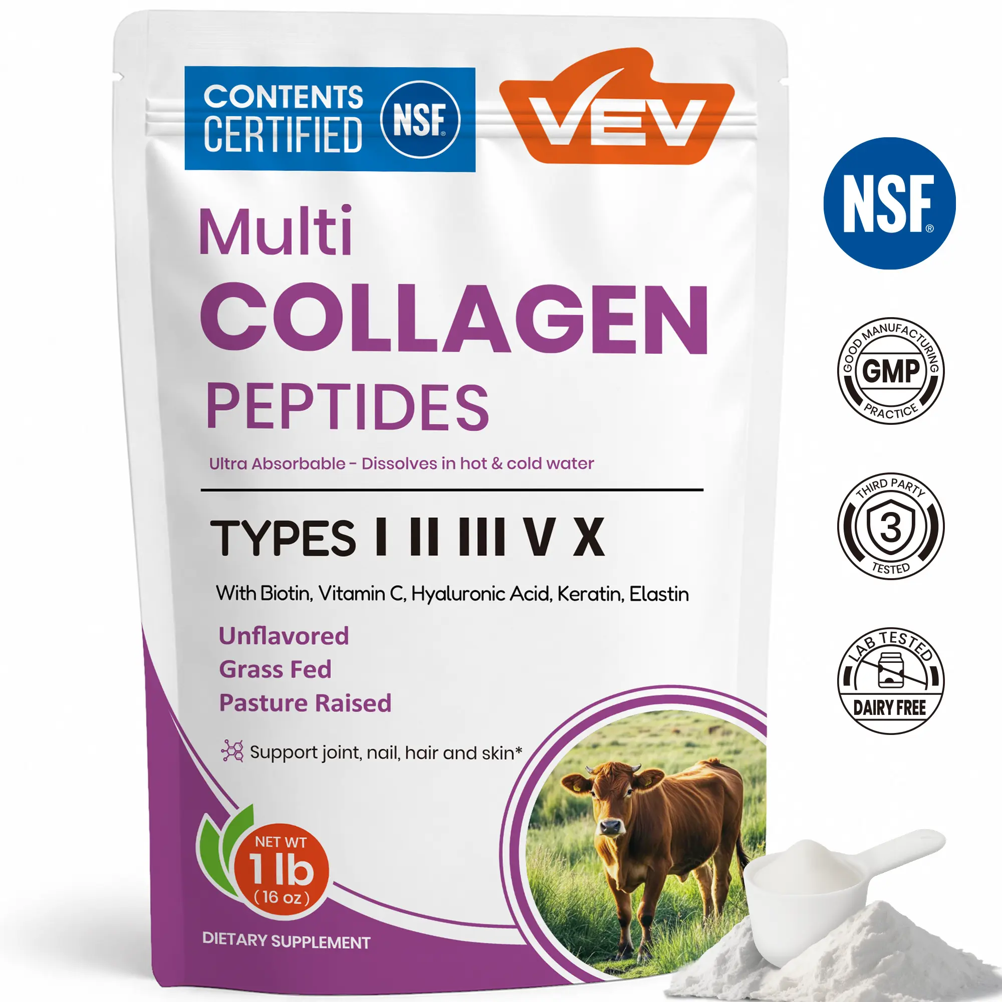 VEV Multi Collagen Peptides Powder, 16 oz (41 Servings) – Type I, II, III, V, X, Hydrolyzed Collagen, Hyaluronic Acid Power, Biotin, Vitamin C, Supports Skin, Unflavored, Dissolves Easily, 1 Pound, NSF Certified