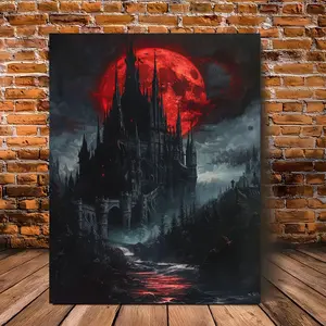 Two-Dimensional Large Gothic Castle Red Moon Wall Decor - Dark Castle and Blood Moon Night Sky Sign, Large Size 11.8x 15.7inch Framed Canvas Painting, Suitable for Home, Office, Classroom Decoration - Vintage Aesthetics, Horror-Themed Gift, High-Quality P