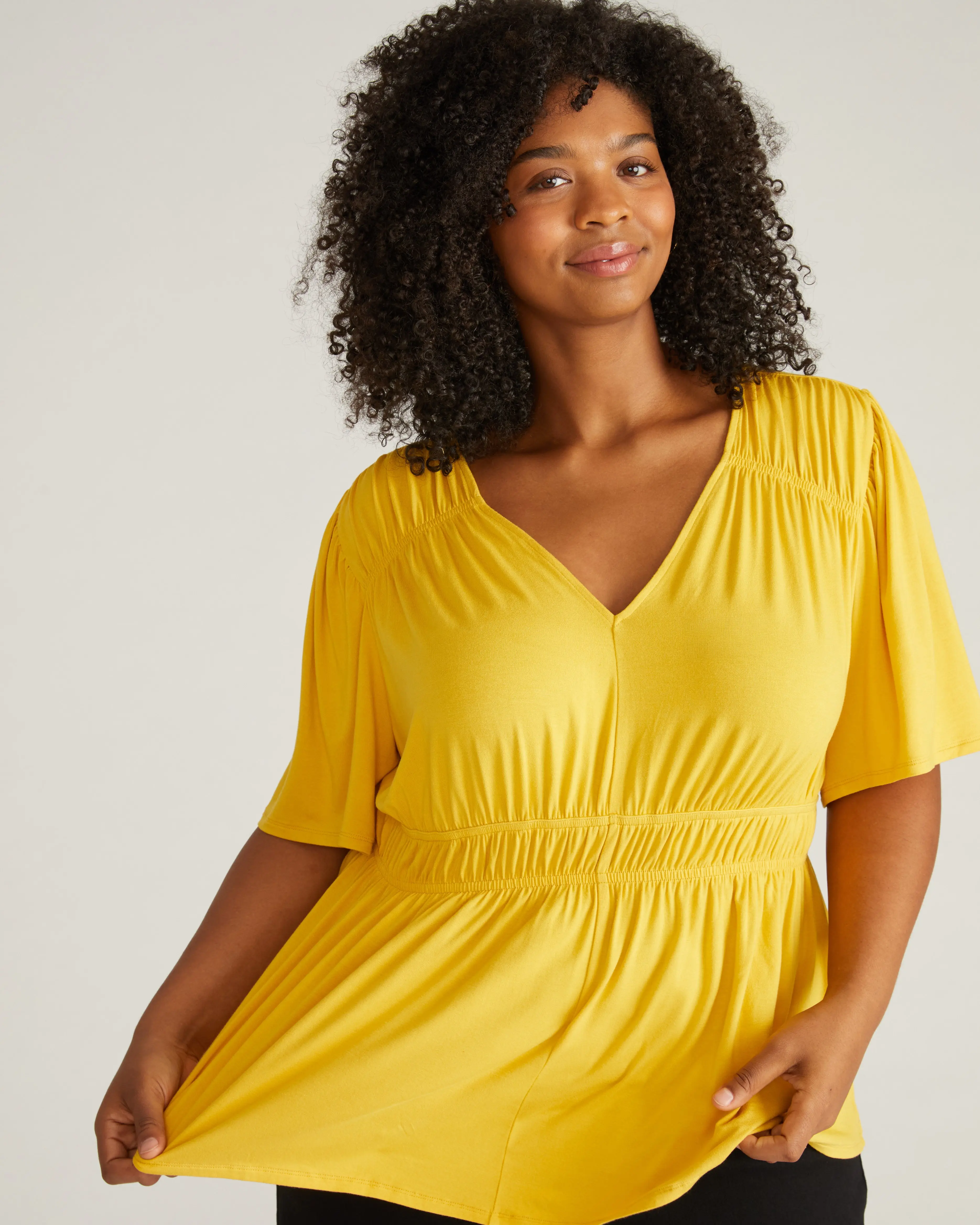 Tops for Women, Casual V-Neck Peplum Blouse in Breathable Liquid Jersey Spandex, Loose Fit with Generous Sleeves, Fabric, Straight, Lightweight, Soft, Style