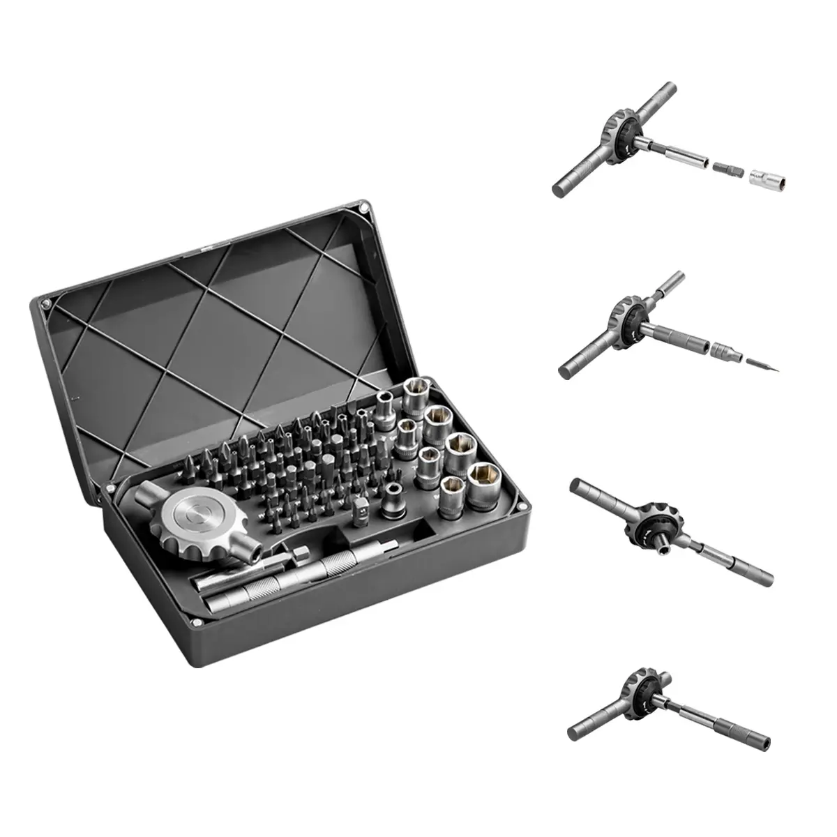 64-in-1 Gearless Ratchet Screwdriver Set: Regular + Large Socket + Precision Bits, Flat Handle (Tight Spots/High Torque), Magnetic Components, 58 S2 Steel Bits, Suitable for Precision Instruments/Furniture/Bicycle Repair