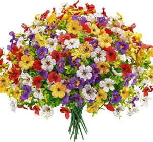 12 branches of outdoor artificial flowers, UV-resistant silk flowers, suitable for indoor, garden, terrace, porch, corridor, best gift for home decoration (12 branches, including yellow, purple, white, red)
