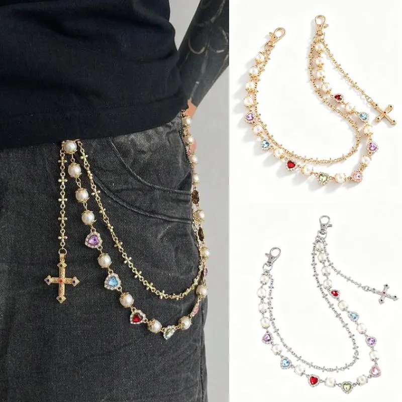 2pcs Silver Gold Cross Pants Chain for Men Trendy Pearl Jean Chains for Women Gold Biker Wallet Pocket Chain for Pants Colorful Heart Rhinestone Jean Chains Punk Hip Party Music Festival Accessories