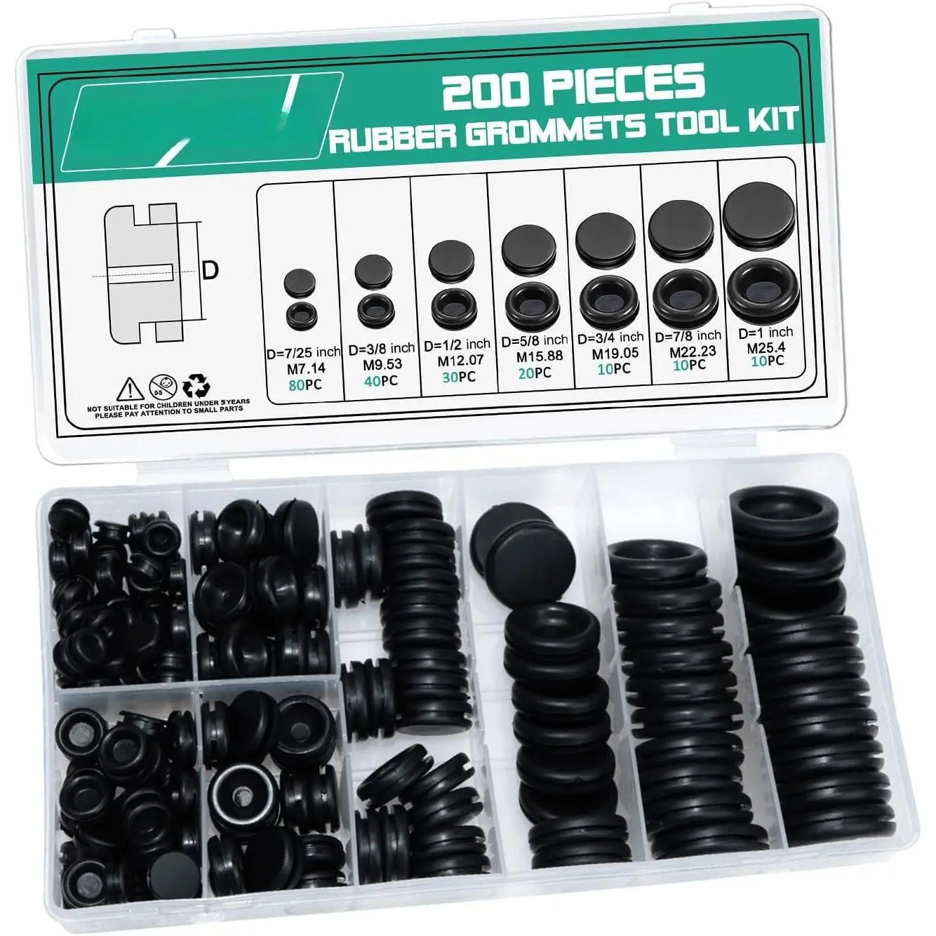 200-Count Flexible Rubber Grommet Kit - 7 Sizes Including 1 in & 7/25 in Synthetic Firewall Hole Plugs for Automotive Wiring, Audio Speakers, Boat Radar Detector GPS Navigation Cord Pipe Organization