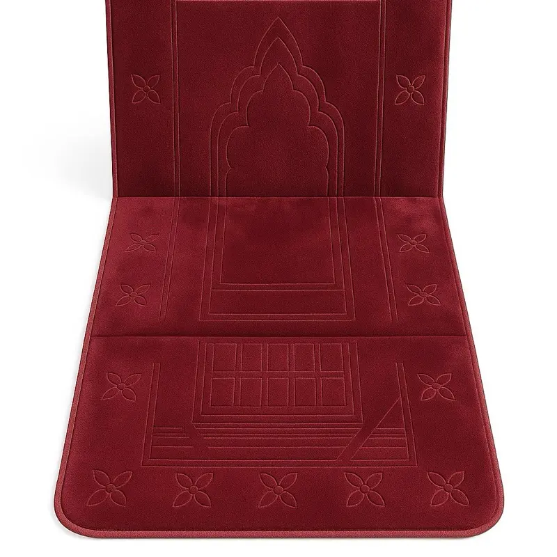 Sunnah Co Fold & Pray - Maroon Velvet Prayer Mat with Elegant Embroidered Design and Floral Patterns for Praying Portable Travel Friendly Premium Comfort Easy to Clean Islamic