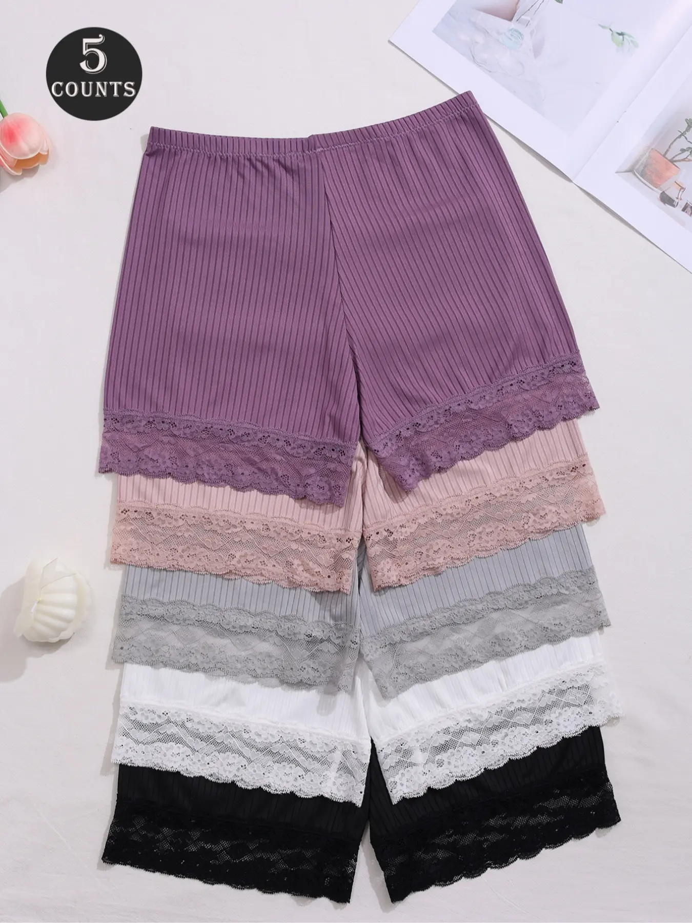 Women's Lace Trim Panties Set, Casual Soft Panties, Casual Comfy Panty, Comfortable Underwear for Women, Knitted Stretch Underwear, Stylish Ladies' Lingerie Collection, Perfect Gift Idea