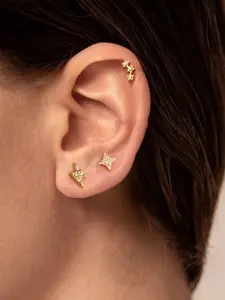 Ladies Ear Stud Set White Diamond Lightning Four Pointed Star Series Diamond Studs Earrings 3 Pieces Stainless Steel 18k Gold Plated Waterproof And Anti Allergy Sweet And Cool Creative Daily Accessories
