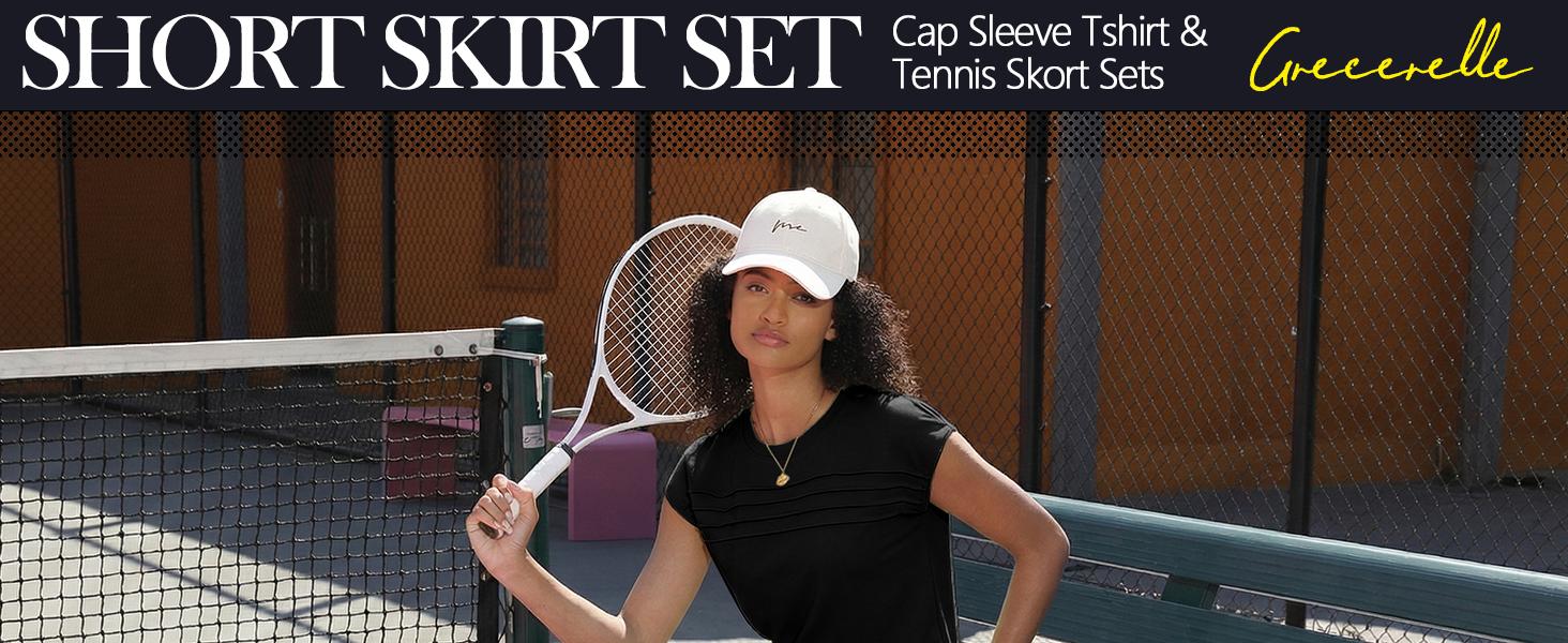 GRECERELLE Women's 2 Piece Tennis Skirt Set with Built-In Shorts, Cap-Sleeve Crewneck Top, Casual Summer Athletic Outfit