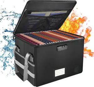 File Box with Lock,Fireproof Document Box with Zipper＆Pockets,Collapsible File Organizer Filing Storage Cabinet with Handle,Portable Home Office Safe for Hanging Letter/Legal Folder,Black