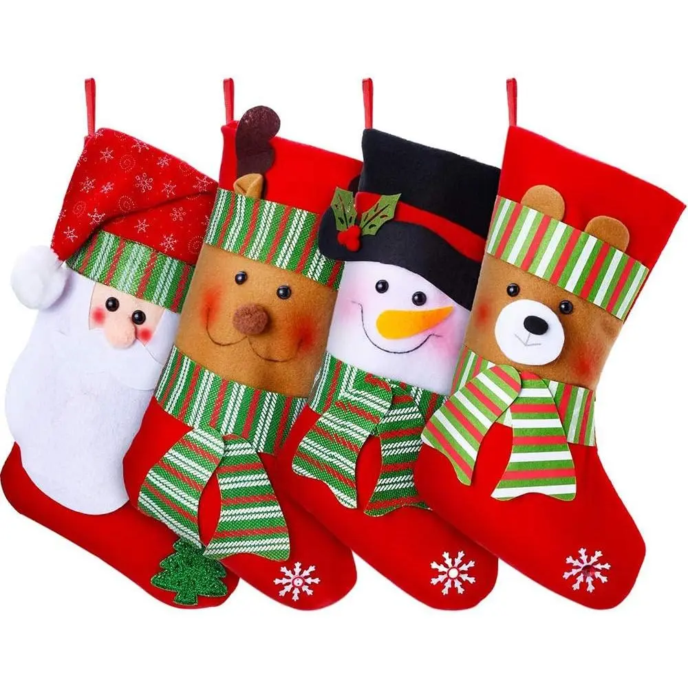 4 Pack Christmas Stockings, 15" Large Size Xmas Stocking Set with Christmas Snowman Santa Reindeer Bear Fireplace Decoration Gift & Candy Pouch Bag Ornaments